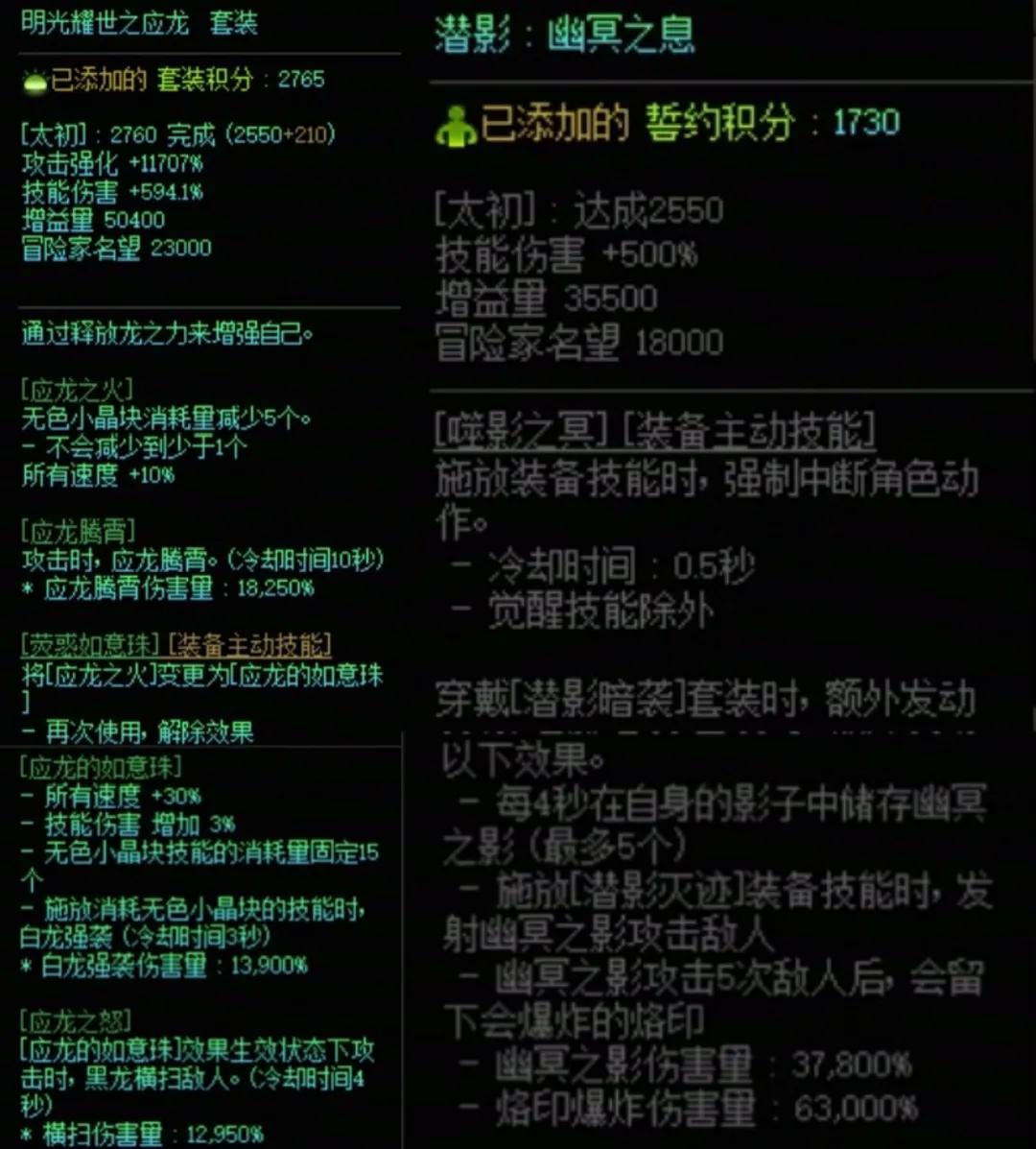 DNF龙战套加潜影暗袭搭配属性一览