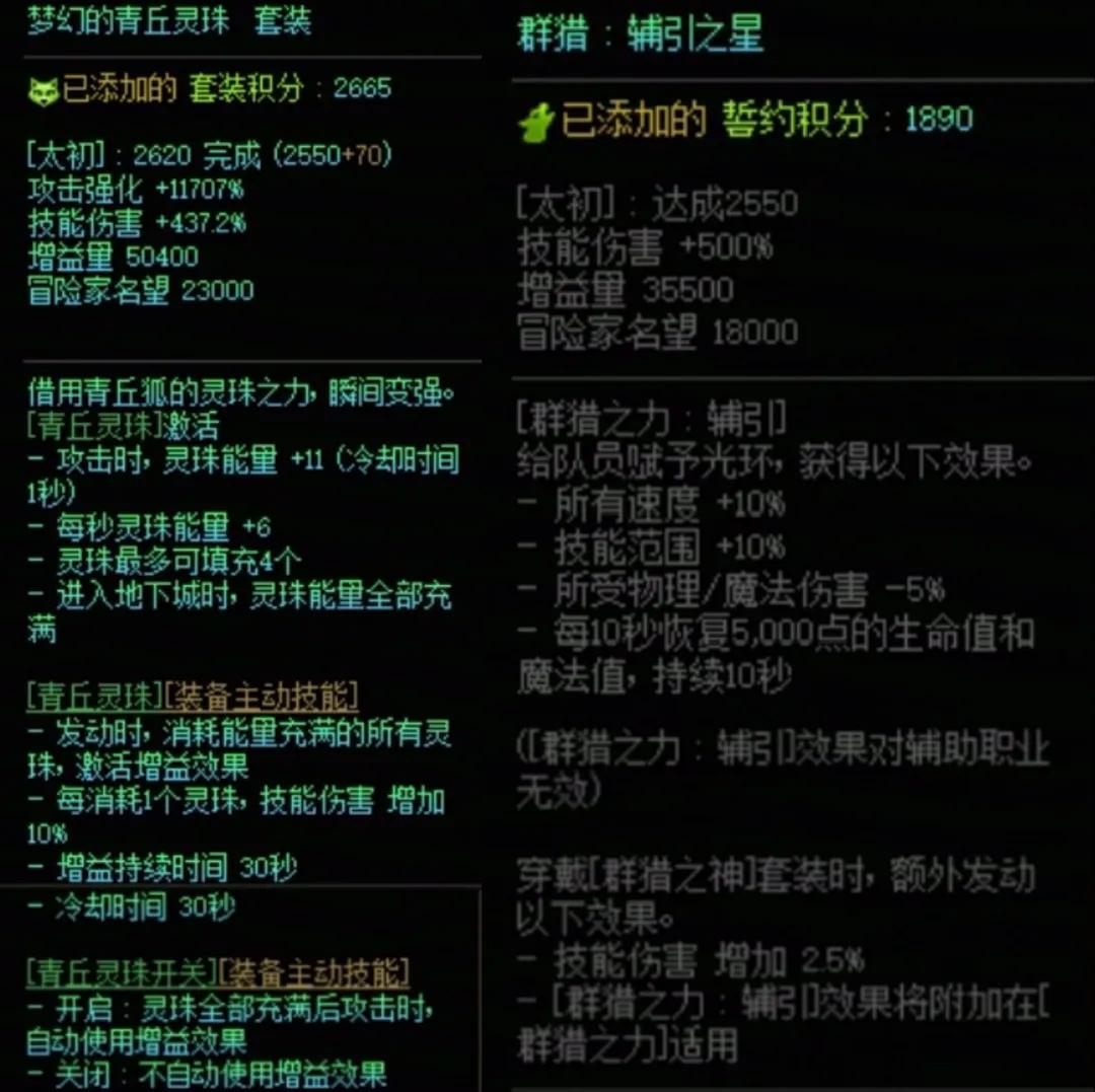 DNF群猎套加青丘灵珠搭配属性一览