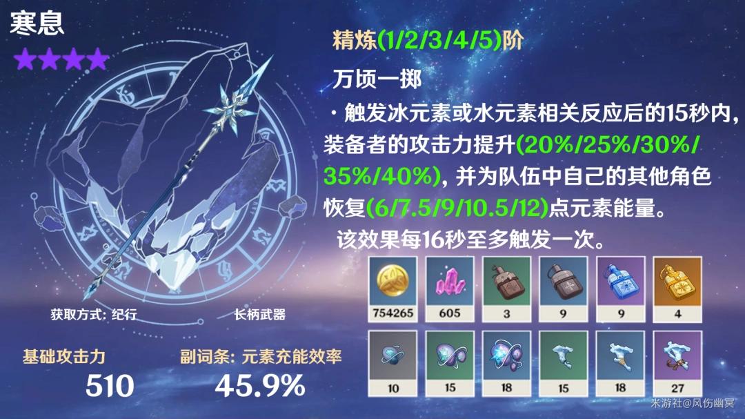 原神寒息可以给谁用